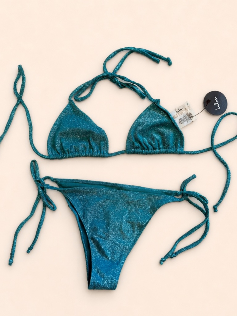NWT Lulus Pacific Vibes Sparkly Teal Bikini Set Size M